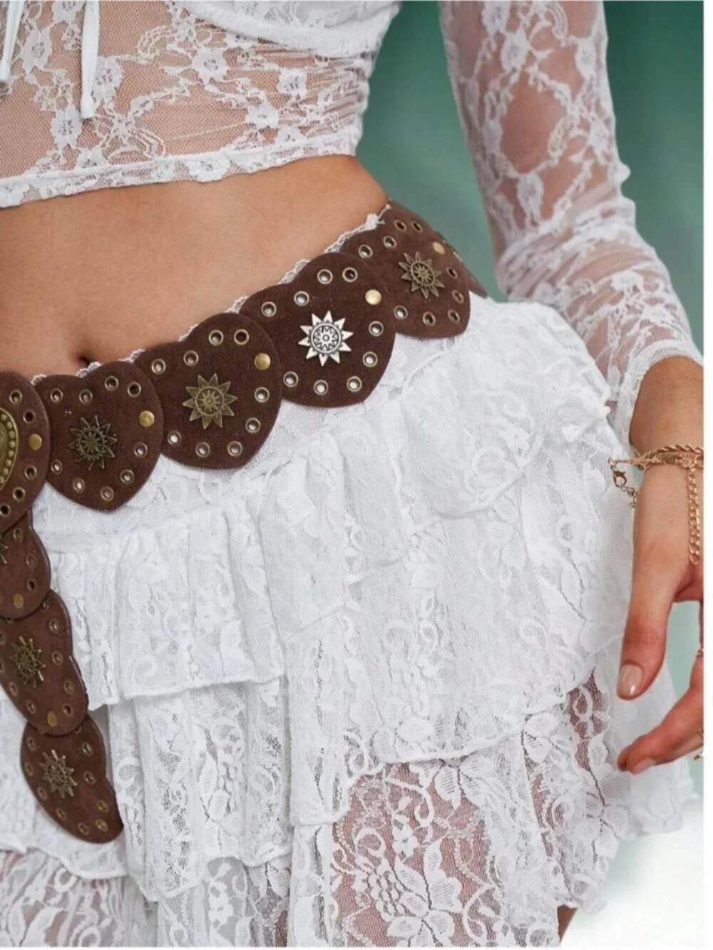 Brown Boho Heart Chain Hip Belt | Faux Suede Grommet & Studded Waist Belt |